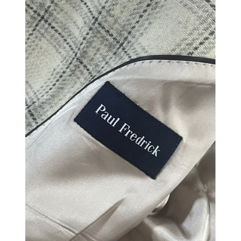 Paul Fredrick Men's Size 48L Blazer Suit Jacket Cream Ivory Plaid Elbow Patch
